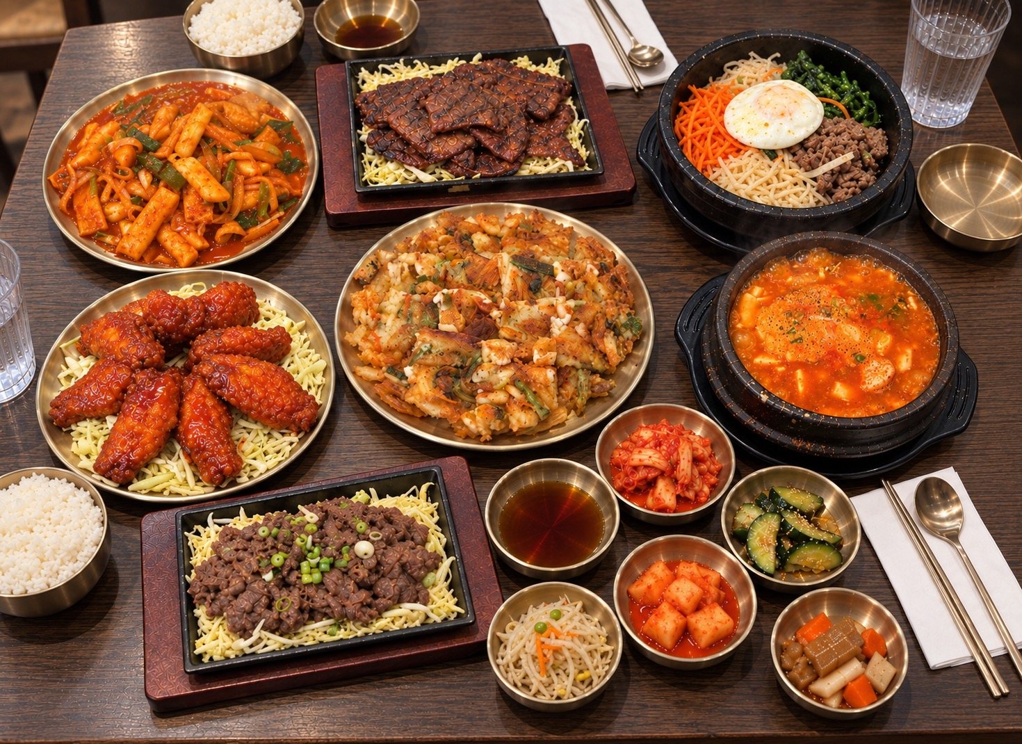 A Danbi table spread with tteokbokki, beef short ribs, hot stone bibimbap, spicy fried chicken, seafood pancake, soft tofu soup, bulgogi and side dishes of kimchi, radish kimchi, seasoned cucumbers, bean sprouts, pickled radish and pancake dipping sauce